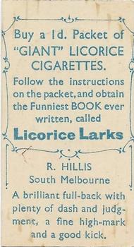 1933 Giant Brand Australian Licorice League and Association Footballers #NNO Ron Hillis Back